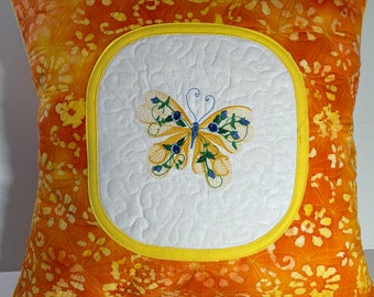 Yellow Butterfly Embroidered on Orange Print Accent Pillow Cover, Decorative Throw Pillow, Envelope Back, Yellow and Orange Floral Print