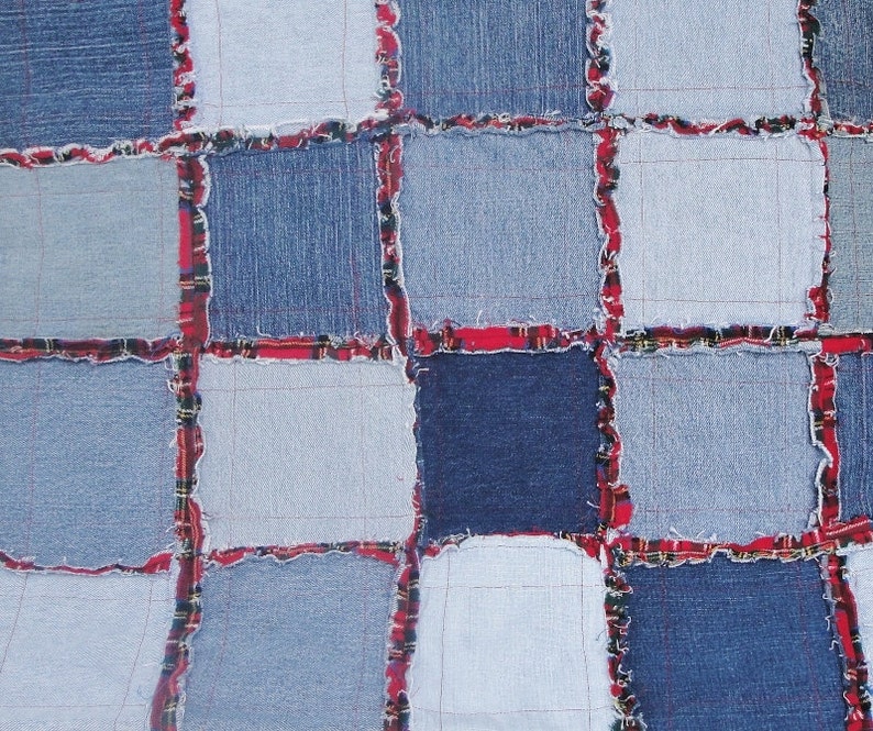 Denim Rag Quilt Frayed Denim Jean Quilt 64 x 49 Blue Denim Red Etsy