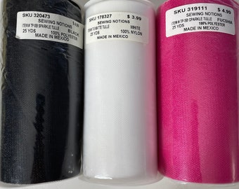 Tulle Fabric Roll 25-yard roll 6 inches wide - 3 Rolls - Fuchsia, Black and White