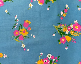 Cornflower Blue with Pink and Yellow Colorful Flower Bouquets Cotton Print Fabric 44" width 48" Length