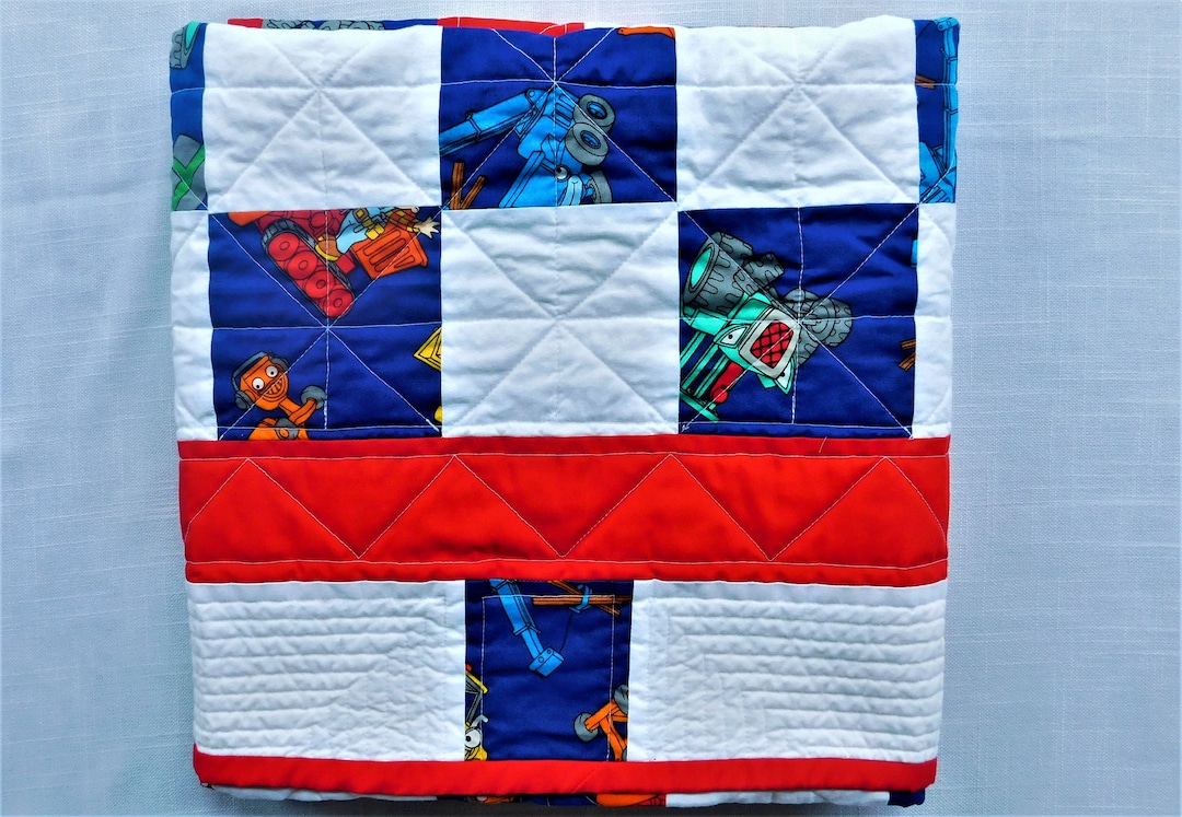 Bob the Builder Baby Quilt: Blue Red White Patchwork, 44
