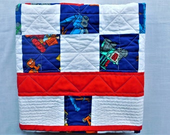 Baby Boys Blue Red and White Bob the Builder Theme Print Patchwork Quilt 44" x 44" Machine Pieced and Quilted