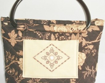 Quilted Purse, Ladies Handbag, Hobo Tote, Shoulder Bag, Embroidered Trim, Brown Designer Fabric, D Ring Handles