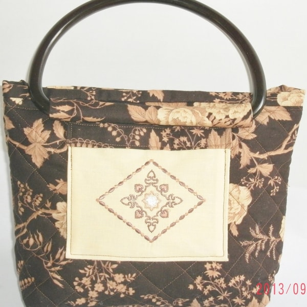 Quilted Purse, Ladies Handbag, Hobo Tote, Shoulder Bag, Embroidered Trim, Brown Designer Fabric, D Ring Handles