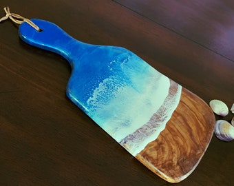 Resin Art Ocean Waves Olive Burl Wood Cutting Board, 3D Seascape