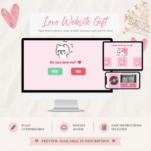 Könnte beinhalten: Eine digitale Anzeige eines Love Website Gift auf rosa Hintergrund, mit einer Cartoon-Katze, die Do you love me? fragt, mit Yes und No Schaltflächen. Ein Tablet zeigt I knew you'd say yes und ein Smartphone zeigt eine Musik-Player-Oberfläche.