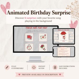 Puede incluir: Un monitor de computadora, una tableta y un teléfono inteligente muestran una sorpresa de cumpleaños animada. El texto dice "Animated Birthday Surprise" y "Descubre 6 sorpresas". Las pantallas muestran tarjetas, un sobre, un candado y un ramo de rosas. El texto incluye "These are for you!" y "This is for you."