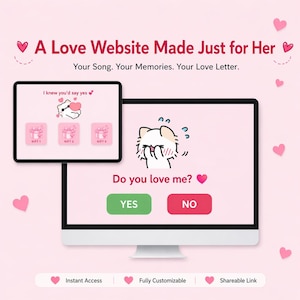 Könnte beinhalten: Ein rosa Website-Interface mit dem Text "A Love Website Made Just for Her". Der Bildschirm zeigt eine Cartoon-Katze, die Frage "Do you love me?" mit "Yes"- und "No"-Buttons und Geschenkoptionen. Herzen sind im Bild verstreut.