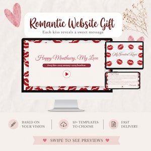 Peut inclure: Un modèle de site web romantique numérique avec un écran d'ordinateur, une tablette et un smartphone affichant des motifs de lèvres rouges. Les écrans présentent le texte Romantic Website Gift, Happy Monthsary, My Love et My Sweetest Kisses.