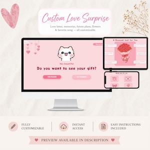 Può includere: Un display digitale che mostra un'interfaccia Custom Love Surprise su un monitor di computer, un tablet e uno smartphone. Lo schermo presenta un gatto dei cartoni animati, il testo Do you want to see your gift? e pulsanti YES PLEASE e NO THANKS.