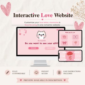 Peut inclure: Visuel promotionnel pour un site web d'amour interactif, avec une palette de couleurs rose et blanche. Le site permet de personnaliser des lettres d'amour, des souvenirs et des chansons préférées. L'image montre un ordinateur, une tablette et un téléphone affichant l'interface du site web.