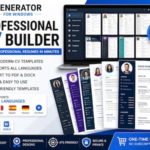 May include: A digital software interface for a professional CV builder for Windows, displaying a laptop screen with multiple resume templates, including various layouts, color schemes, and profile photos, alongside text listing features like 15+ modern templates, PDF and DOCX export, and ATS-friendly designs.