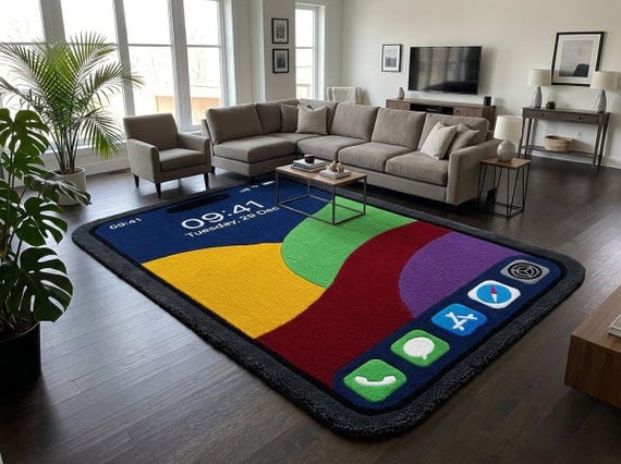 Colorful Smartphone Area Rug, Retro Tech Statement Carpet, Gamer Room Decor, Modern Living Room Accent, Custom Size Hand