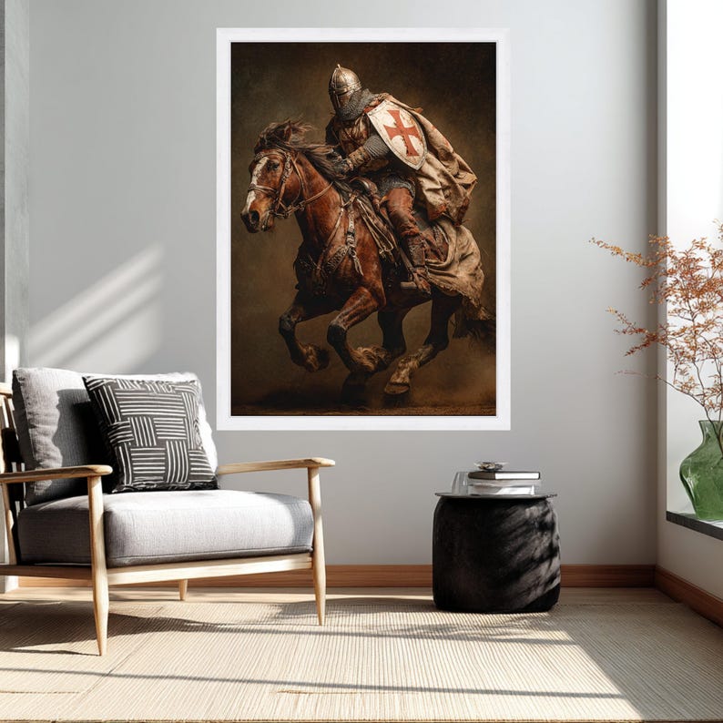 Medieval Knight Charging Canvas Wall Art, Crusader Horseman Historic ...