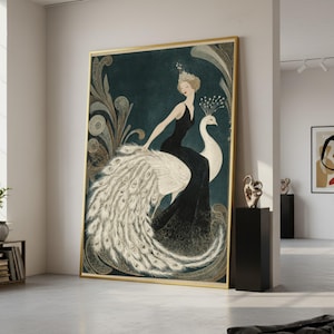 Elegant Woman with White Peacock, Vintage Canvas, Art Deco Wall Print, Framed Canvas Art, Art Deco Style Home Decoration image 1