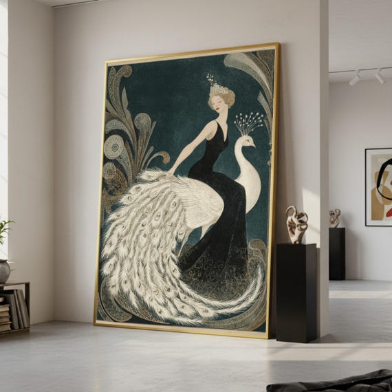Elegant Woman with White Peacock, Vintage Canvas, Art Deco Wall Print, Framed Canvas Art, Art Deco Style Home Decoration