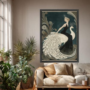 Elegant Woman with White Peacock, Vintage Canvas, Art Deco Wall Print, Framed Canvas Art, Art Deco Style Home Decoration image 3