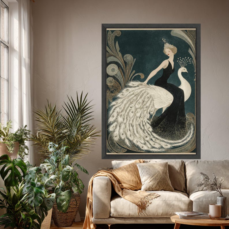 Elegant Woman with White Peacock, Vintage Canvas, Art Deco Wall Print, Framed Canvas Art, Art Deco Style Home Decoration image 3