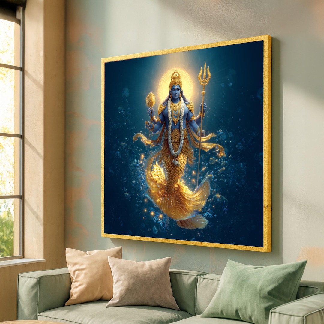 Vishnu Merman Canvas Art, Hindu God, Golden Blue Decor - Etsy