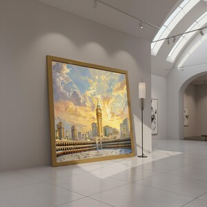 May include: A large framed painting depicting a cityscape with a tall minaret and numerous buildings under a dramatic sky. The artwork is displayed in a modern art gallery with a white tiled floor and a tall lamp.