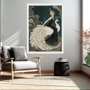 Elegant Woman with White Peacock, Vintage Canvas, Art Deco Wall Print, Framed Canvas Art, Art Deco Style Home Decoration image 6