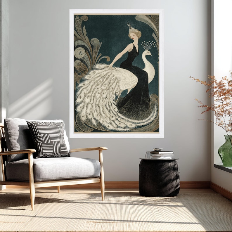 Elegant Woman with White Peacock, Vintage Canvas, Art Deco Wall Print, Framed Canvas Art, Art Deco Style Home Decoration image 6