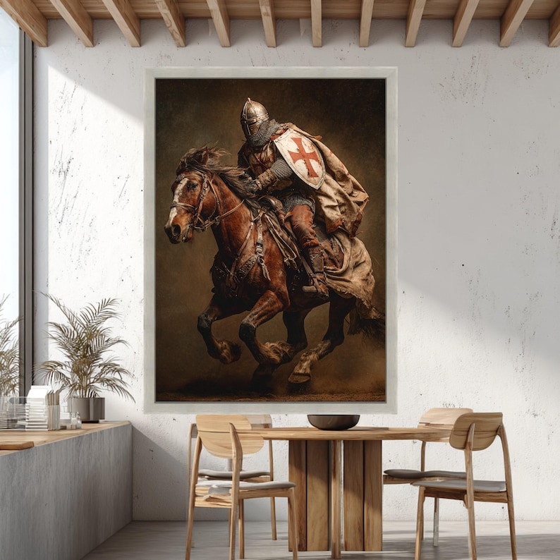 Medieval Knight Charging Canvas Wall Art, Crusader Horseman Historic ...