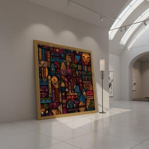 May include: A large, framed artwork with a gold-colored frame. The artwork features a colorful, abstract design with geometric shapes and patterns in shades of blue, red, yellow, and purple. The artwork is leaning against a white wall in a gallery setting.