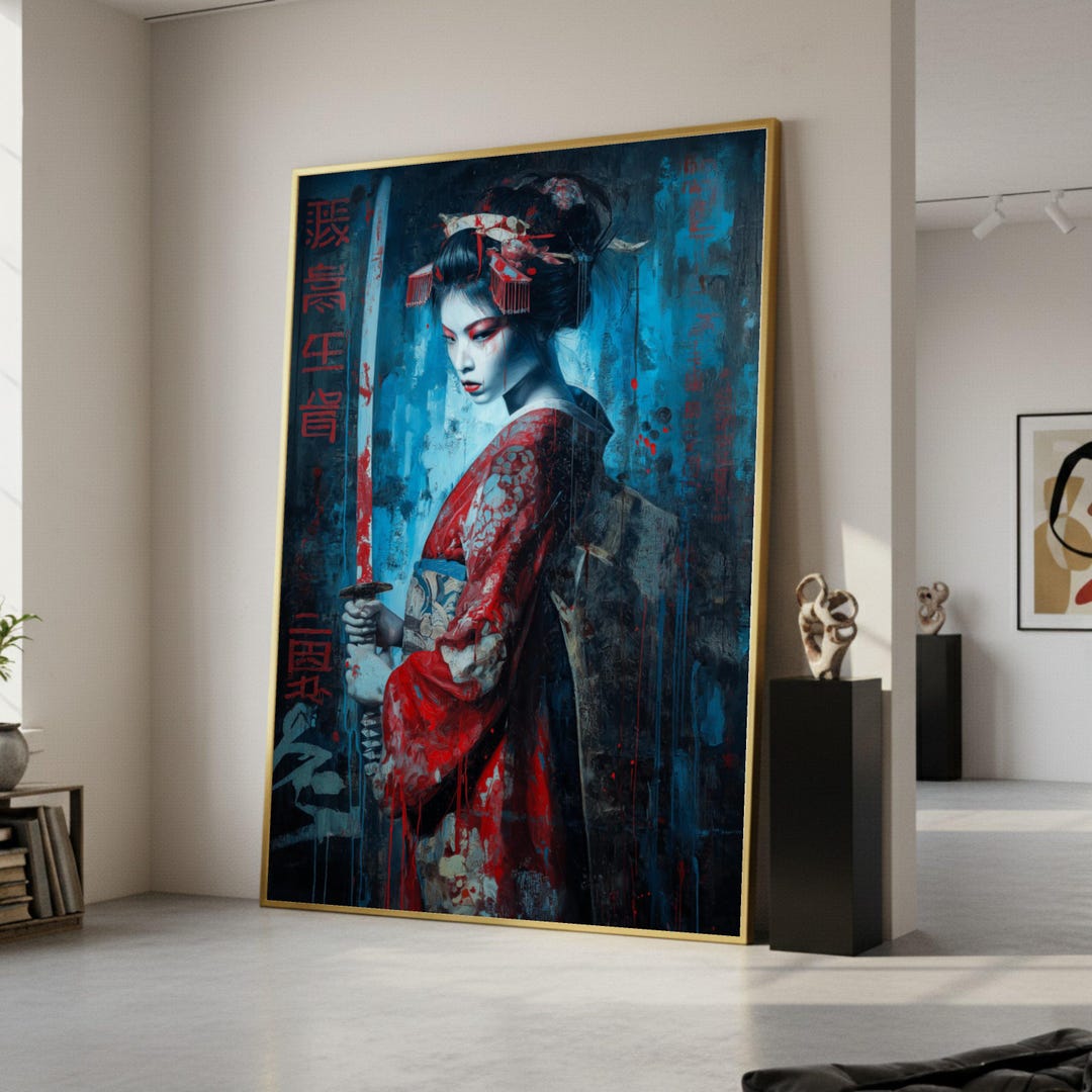 Samurai Geisha Warrior Canvas, Red Kimono Woman Wall Art, Japanese ...
