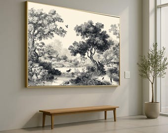 May include: A large framed black and white landscape art print depicting a serene garden scene with trees, a pond, and birds. The artwork is displayed on a neutral wall above a wooden bench. A potted plant stands nearby.