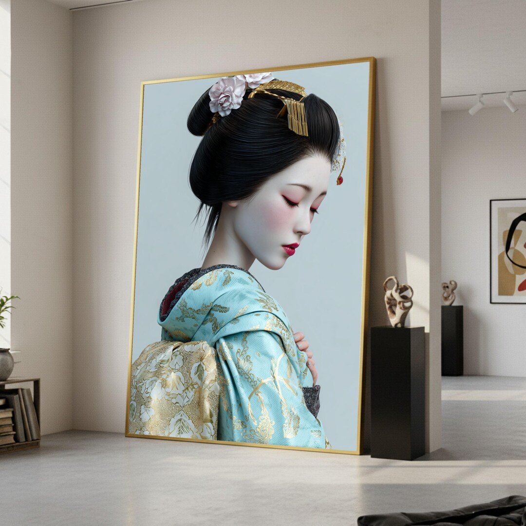 Elegant Japanese Geisha Portrait Canvas, Traditional Kimono Wall Art ...