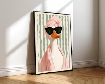 Funny Goose Bathroom Wall Art, Pink Towel Goose Print, Duck in Sunglasses, Whimsical Spa Decor, Coastal Bathroom Canvas