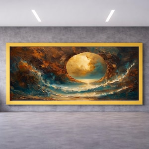 May include: Abstract painting in a gold frame. The artwork features a central circular shape with a golden glow, surrounded by swirling blues, browns, and whites, evoking a sense of a celestial body or portal.