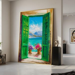 Open Green Shutter Canvas, Seaside View Wall Art, Floral Pot Decor, Mountain Landscape Painting, Coastal Home Decoration