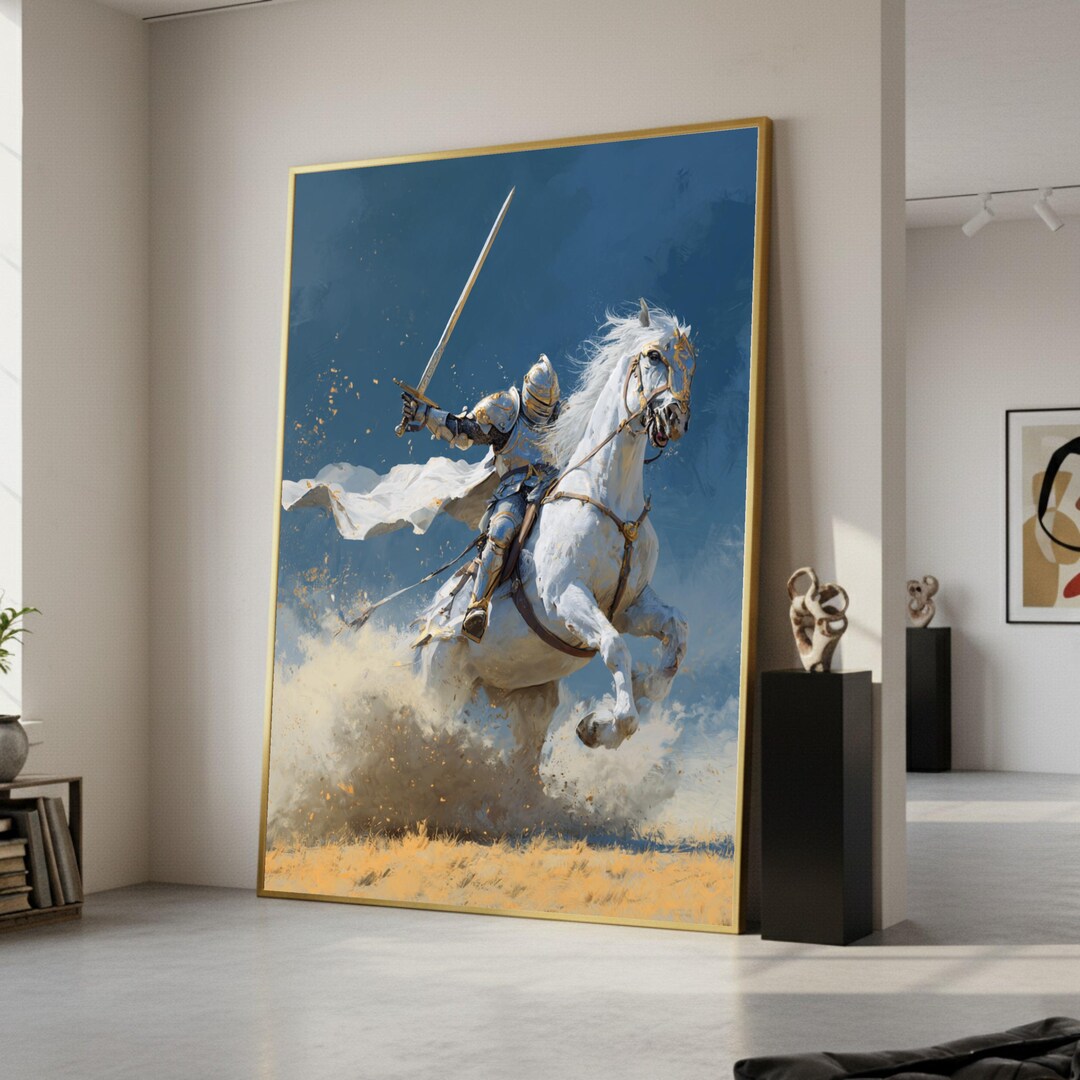 Medieval Knight in Shining Armor Canvas, White Horse Charging Wall Art ...