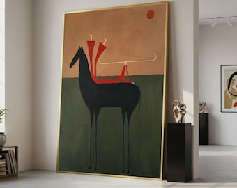 Abstract Black Horse Canvas, Modern Minimalist Art, Red Figure Wall Print, Contemporary Framed Decoration