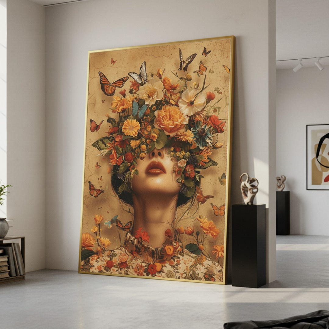 Floral Woman Portrait Canvas, Butterfly Nature Wall Art, Surreal ...