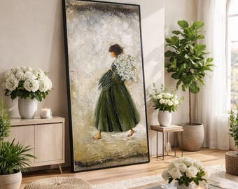 Woman with Daisies, Green Dress Canvas, Floral Wall Art, Framed Print Decoration, Home Decor Canvas