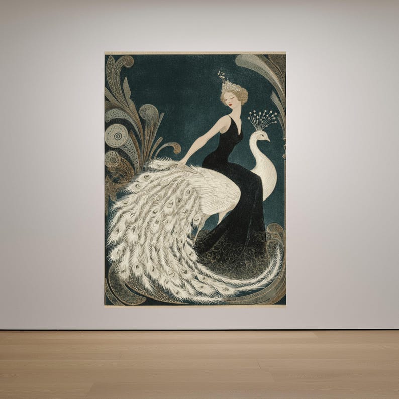 Elegant Woman with White Peacock, Vintage Canvas, Art Deco Wall Print, Framed Canvas Art, Art Deco Style Home Decoration image 8
