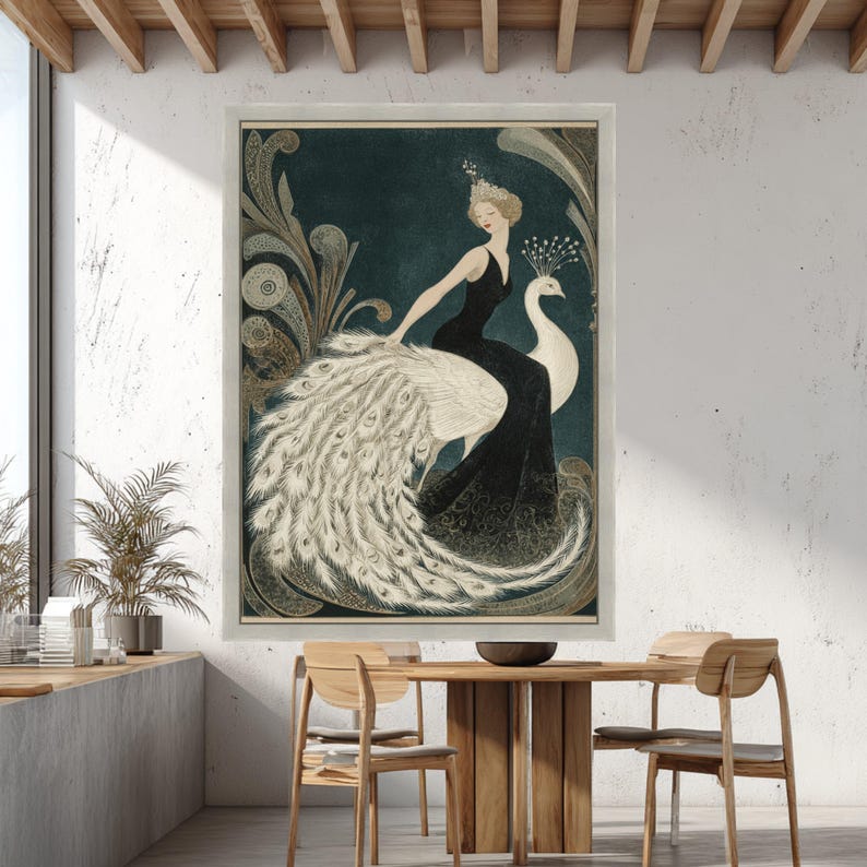 Elegant Woman with White Peacock, Vintage Canvas, Art Deco Wall Print, Framed Canvas Art, Art Deco Style Home Decoration image 5