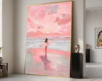 Surfer Girl Sunset, Pink Ocean Canvas, Beach Wall Art, Coastal Decor, Framed Print, Relaxing Seascape