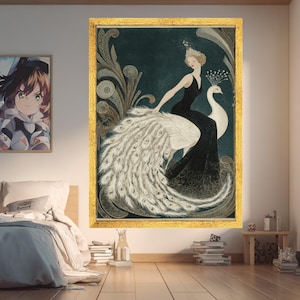 Elegant Woman with White Peacock, Vintage Canvas, Art Deco Wall Print, Framed Canvas Art, Art Deco Style Home Decoration image 2