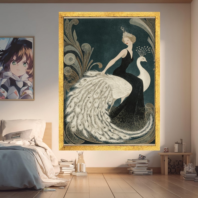 Elegant Woman with White Peacock, Vintage Canvas, Art Deco Wall Print, Framed Canvas Art, Art Deco Style Home Decoration image 2
