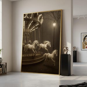 May include: Sepia-toned framed art print featuring a carousel with white horses in motion. The carousel is lit with warm lights, set against a dark, foggy backdrop with a lamppost. The artwork has a vintage aesthetic.