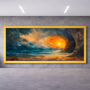 May include: Large abstract oil painting in a gold frame. The artwork depicts a sunset over the ocean, with shades of blue, orange, and yellow. The painting is displayed in a modern, minimalist room with a concrete floor and wall.