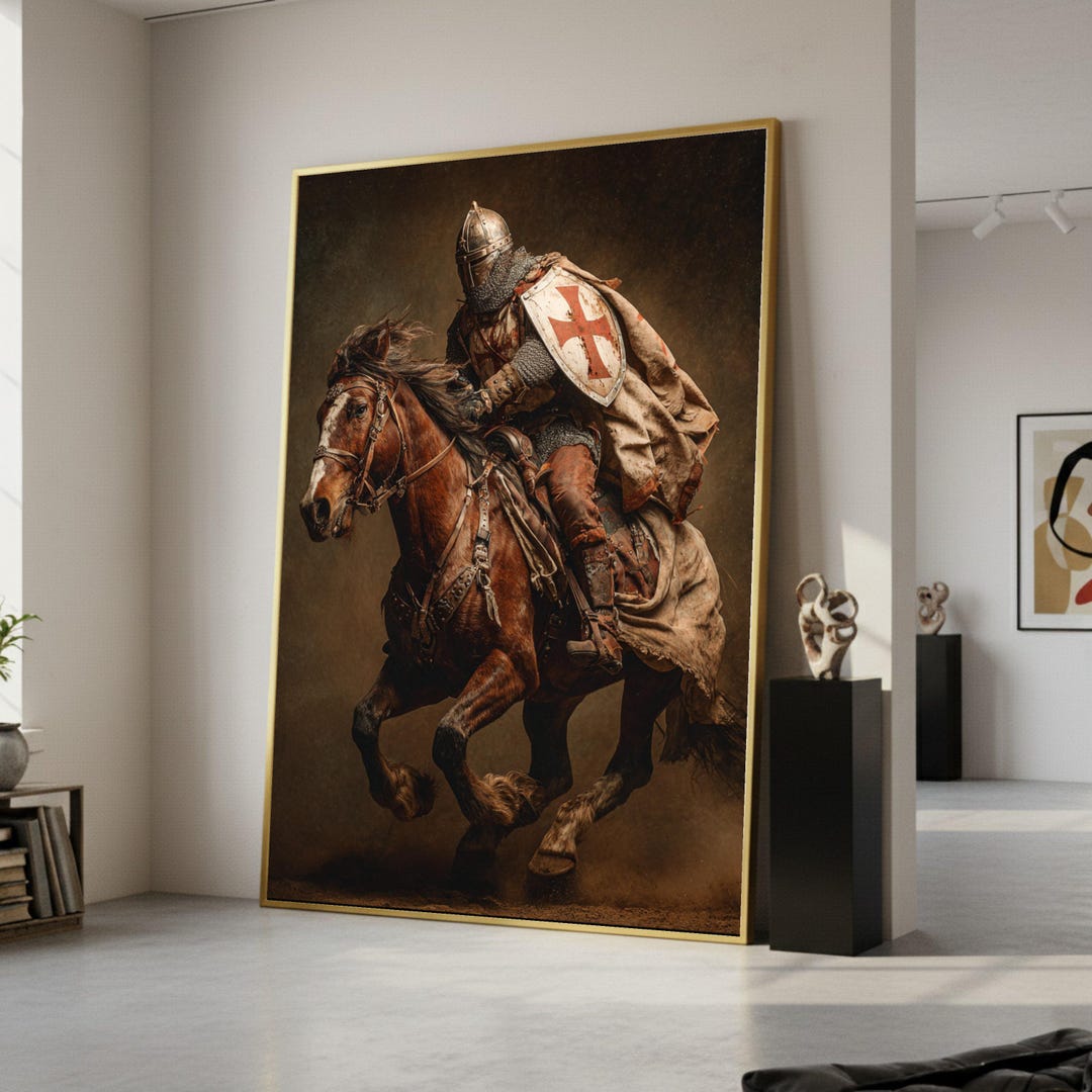 Medieval Knight Charging Canvas Wall Art, Crusader Horseman Historic ...