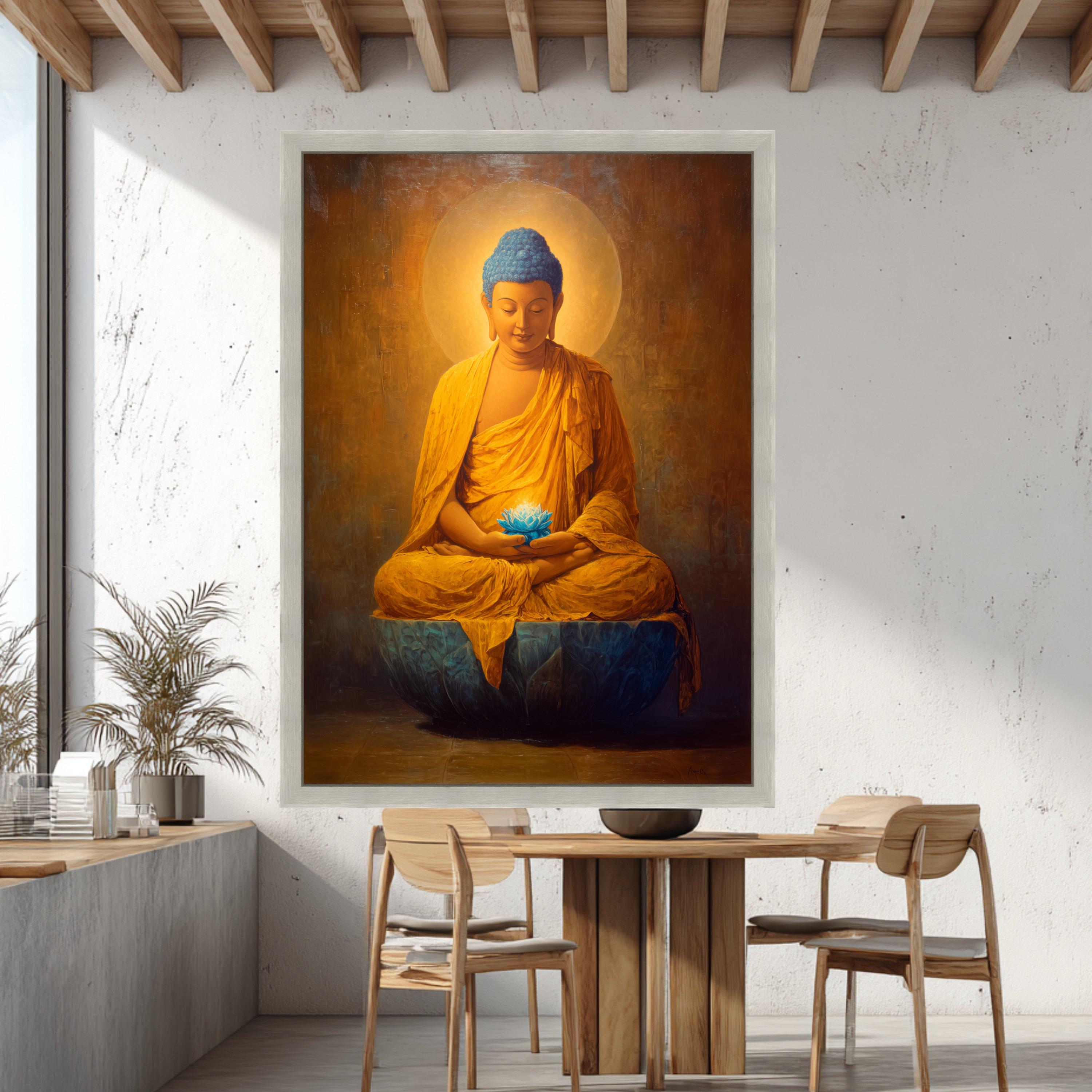 Meditative Buddha With Blue Lotus Flower, Spiritual Canvas Wall Art ...