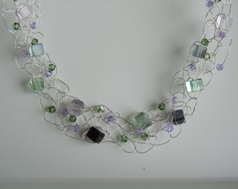 Crocheted necklace in silver with Fluorite and crystal beads