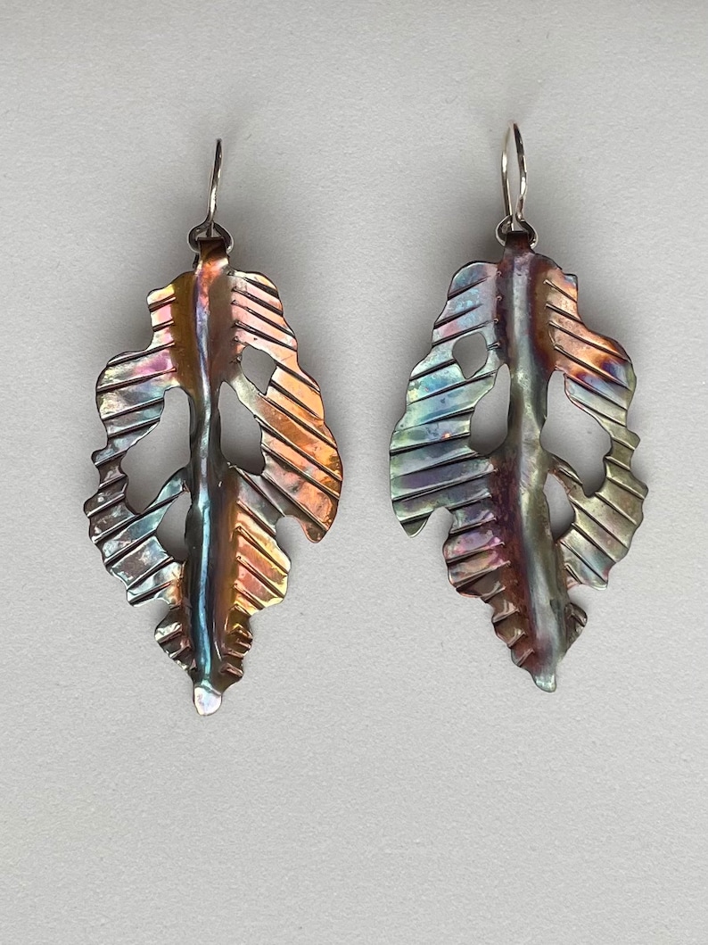 Flame Painted Copper Leaf Earrings image 1