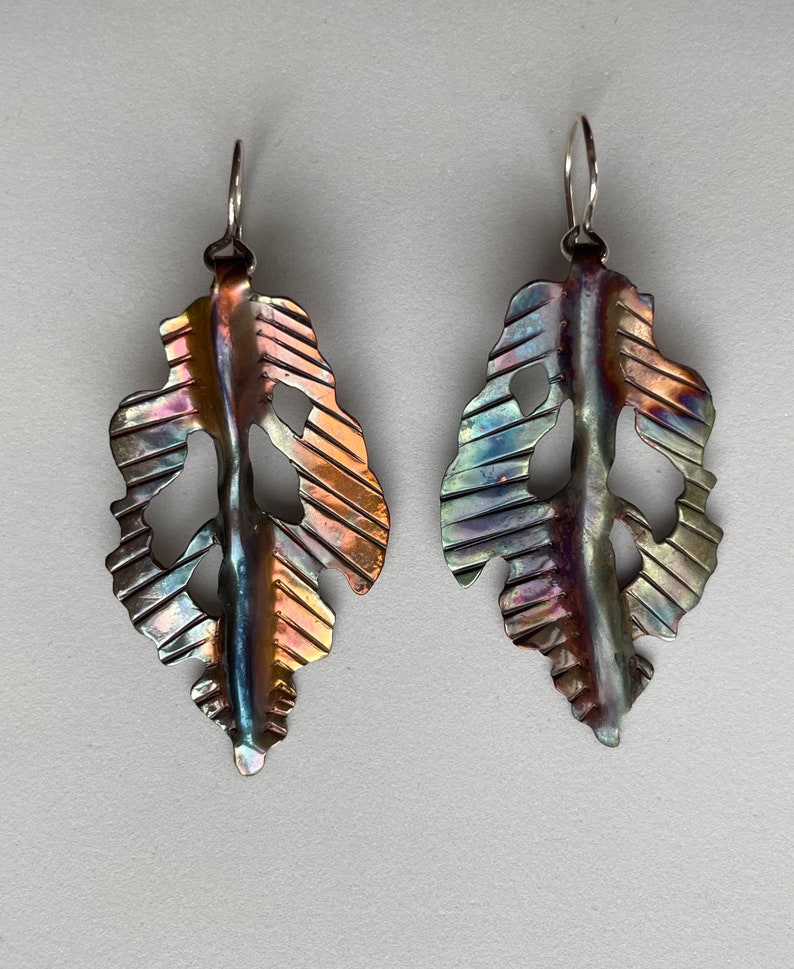 Flame Painted Copper Leaf Earrings image 2